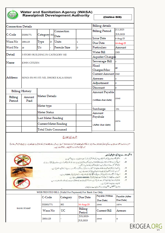 Pakistan Water and Sanitation Agency Rawalpindi Development Authority utility bill template in Word and PDF formats